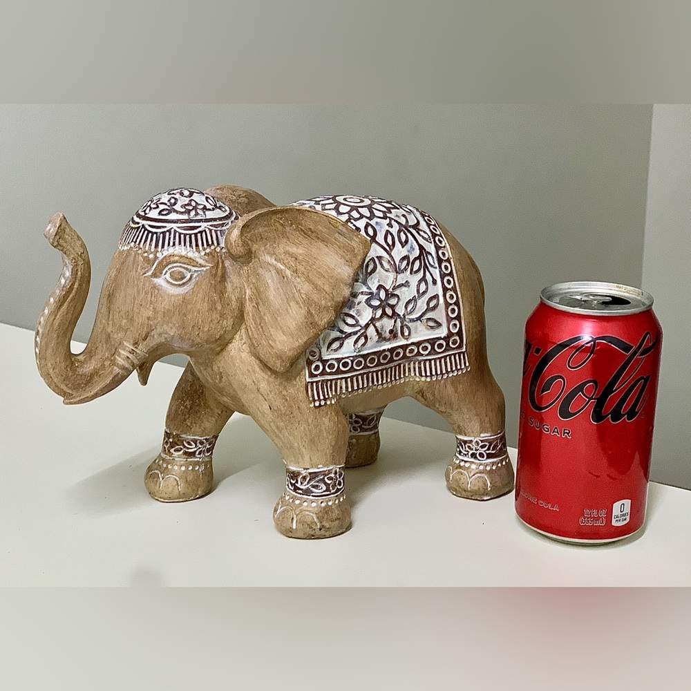 Vintage Asian Hand Crafted Ornate Whitewashed Composite Resin Folk Art Elephant